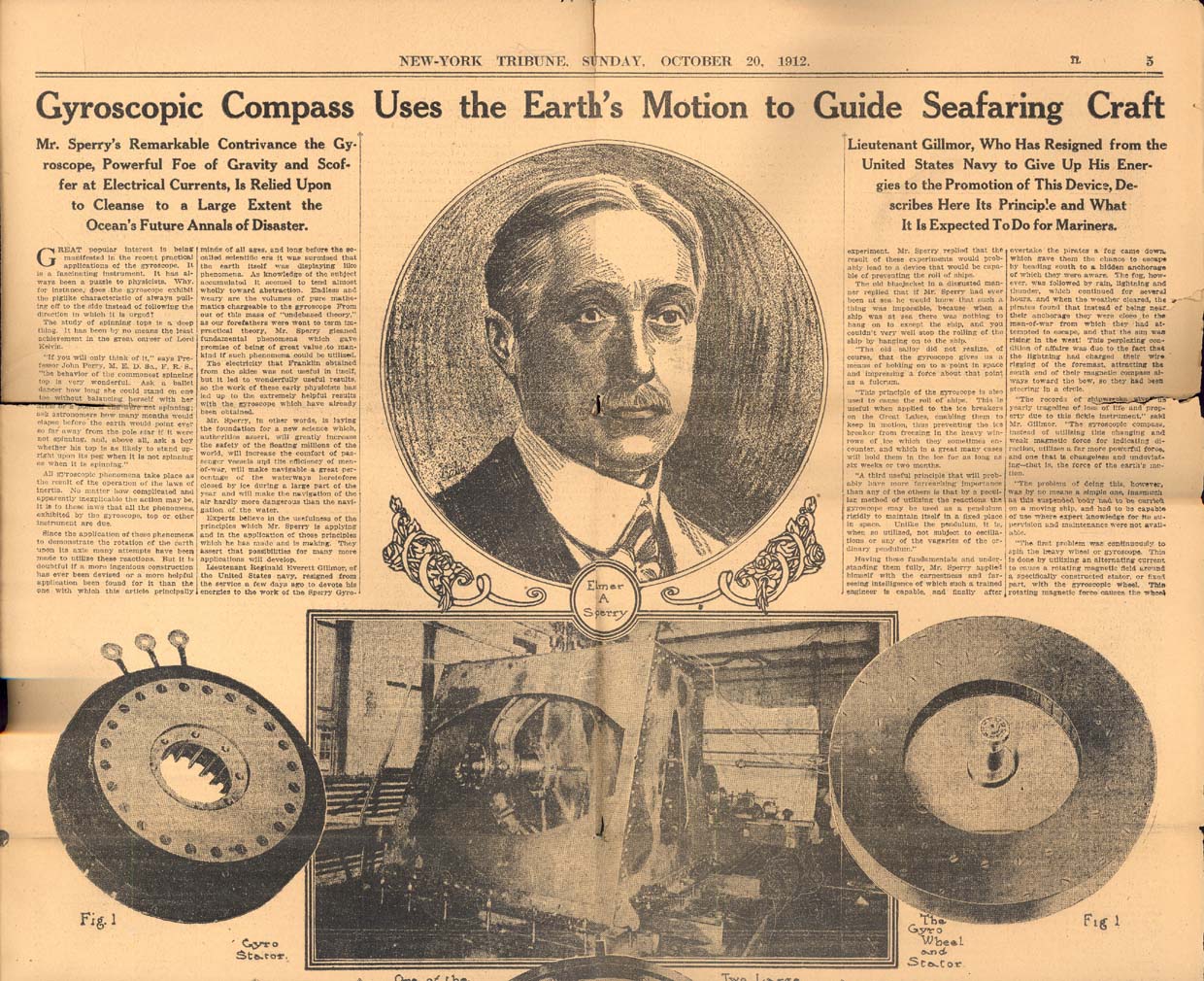 Newspaper article featuring Elmer Sperry and his gyroscopic compass